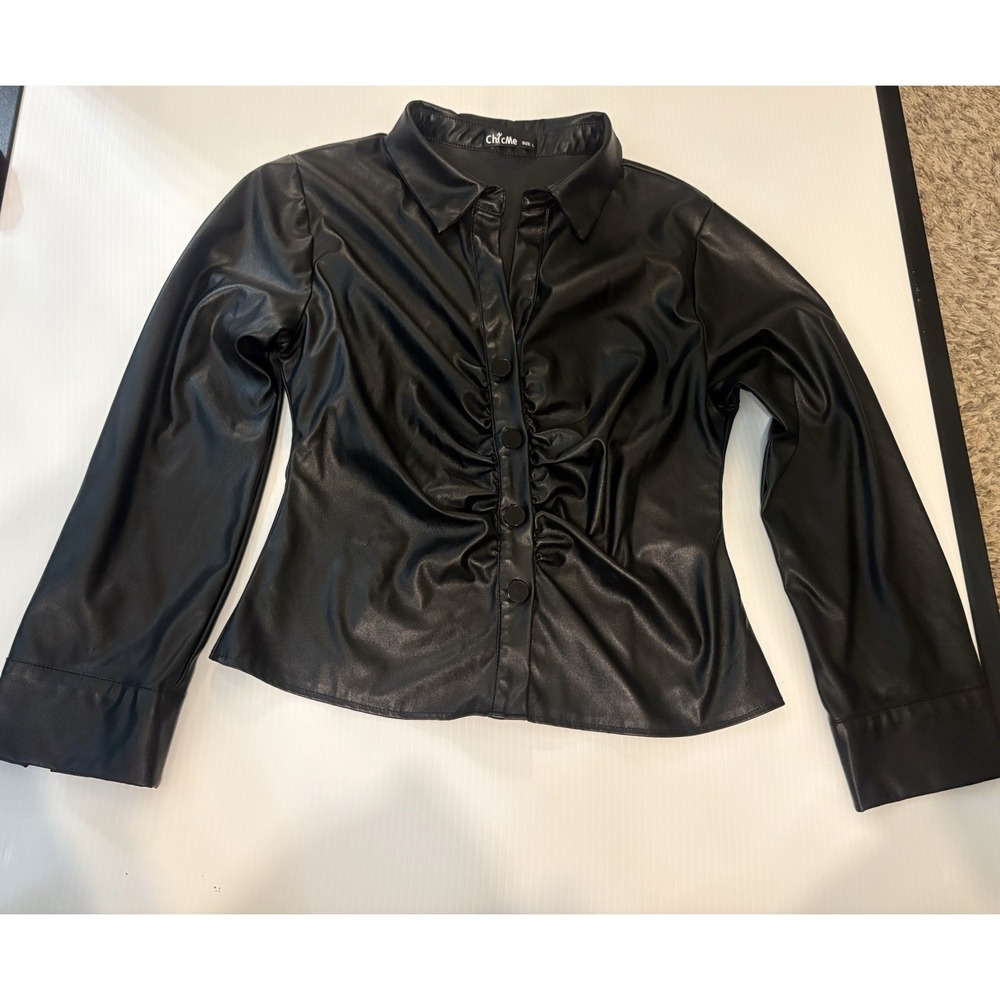 Chic Me Shirt Womens Large Black Faux Leather Ruched Button Front Long Sleeve